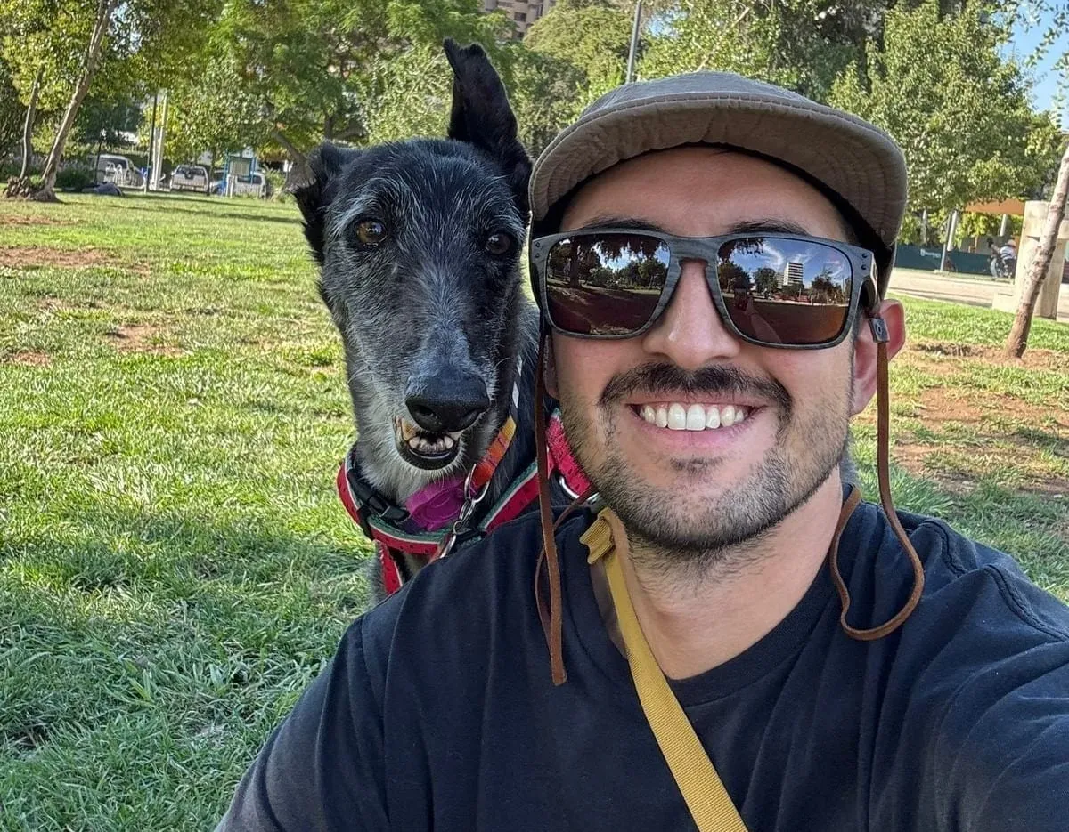 Mora, perra negra con canas, junto a una persona en un parque.